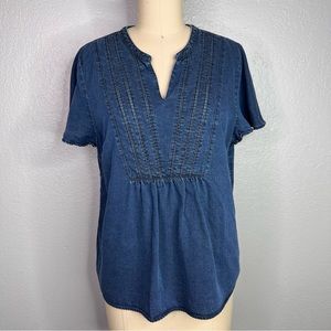 Soft Surroundings Tencel chambray flounce sleeves Slit Neckline Blouse